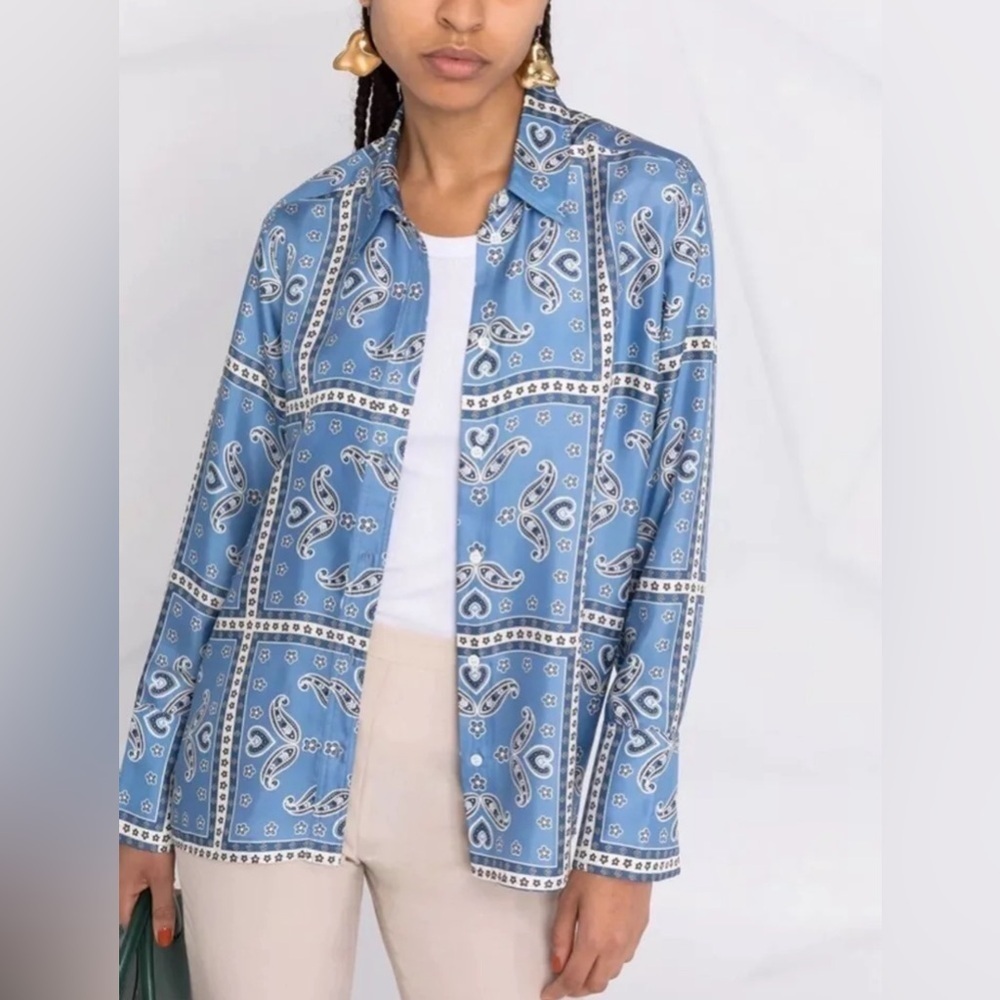 Sandro | Carlota Printed Silk Blouse Blue white size 1 (small)